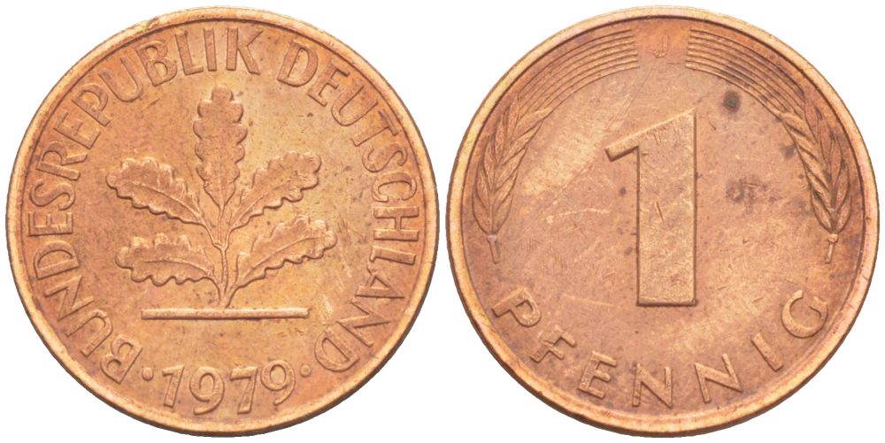 ФРГ 1 ПФЕННИГ 1979 J KM 105, J.380 сталь плакированная медью 4396-1529