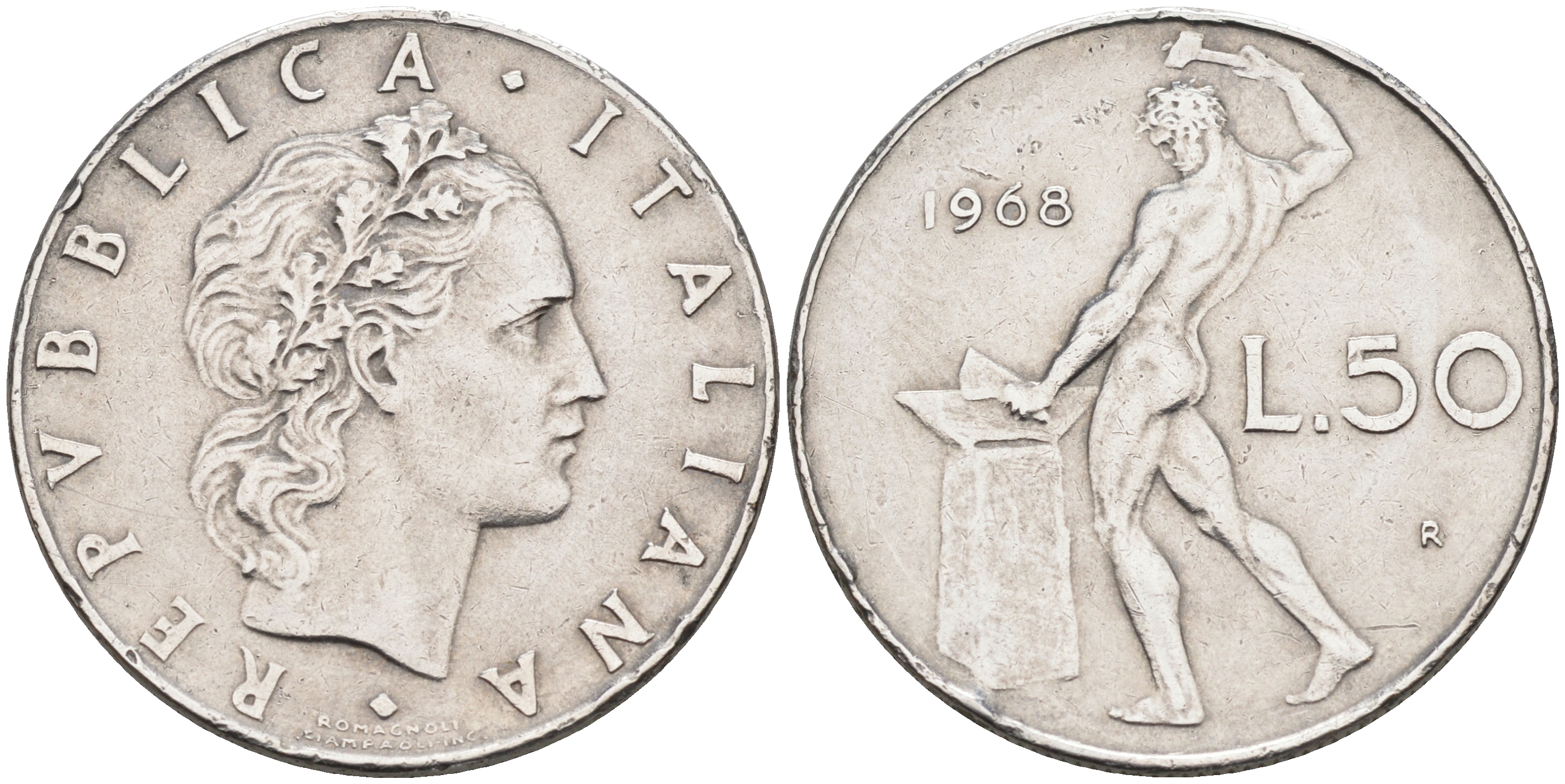 Италия 50 лир 1968 R, бог огня Вулкан у наковальни KM 95.1 нержавеющая сталь 4595-233