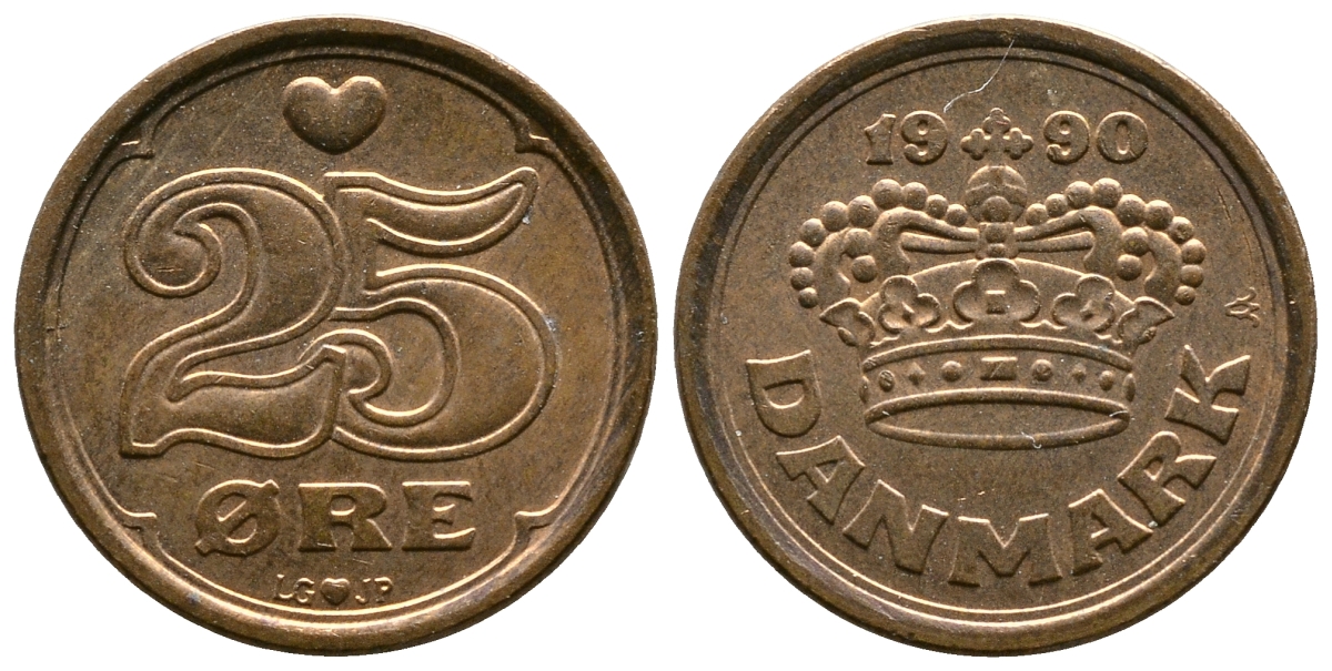 ДАНИЯ 25 ЭРЕ 1990 LG; JP; A, МАРГРЕТЕ II (1972-) KM 868.1 бронза 4110-1723