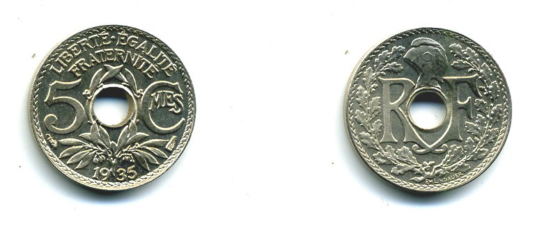 ФРАНЦИЯ 5 САНТИМОВ 1935 ТИП ЛИНДАЙЁ KM 875 медно-никель UNC 23-855