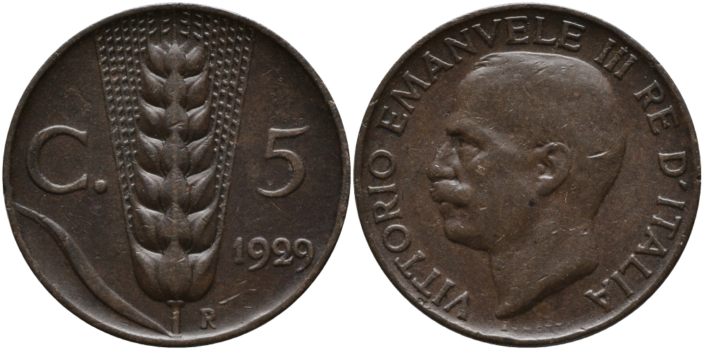 ИТАЛИЯ 5 ЧЕНТЕЗИМО 1929 R, ВИКТОР ИМАНУИЛ KM 59 медь 4392-569