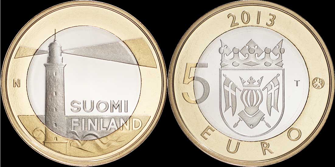 Финляндия 5 евро 2013 серия исторические регионы Финляндии, Аланды KM 200 биметалл UNC M7-01