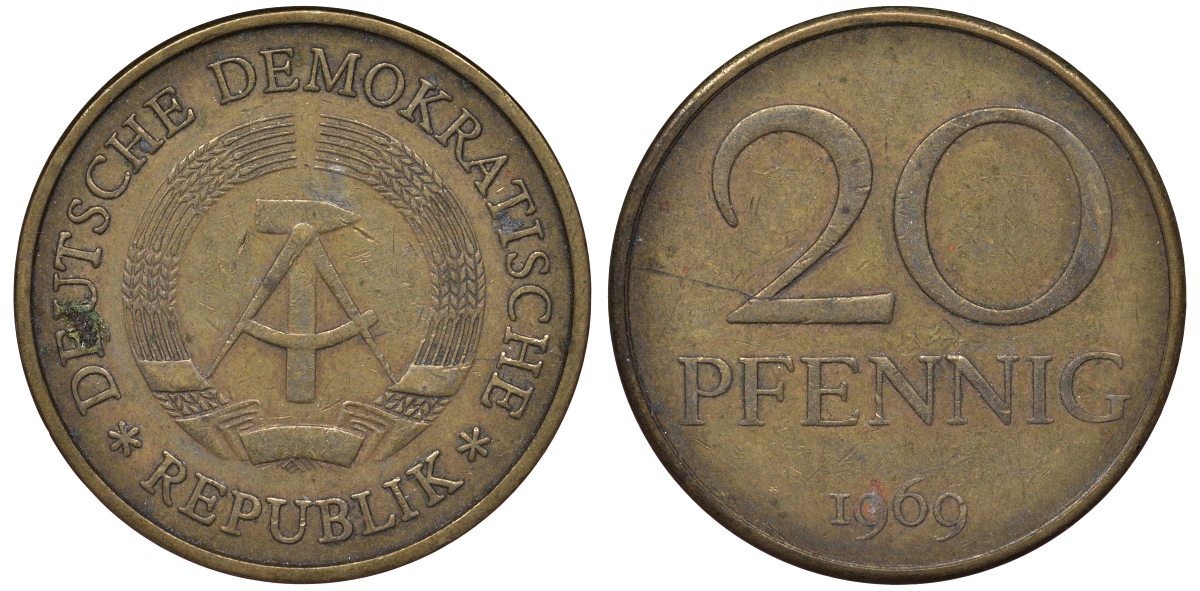 ГДР 20 пфеннигов 1969 А, первый год KM 11 латунь 62-1211