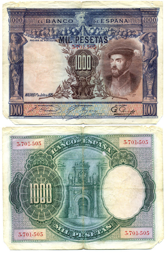 ИСПАНИЯ 1000 ПЕСЕТ 1936 НОМЕР 3701503 Pick 70с бумага 7484-28-1