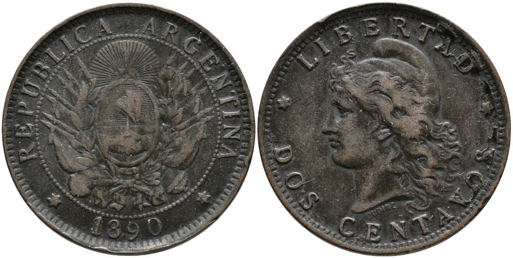 Аргентина 2 сентаво 1890 голова свободы влево KM 8 бронза 4531-943