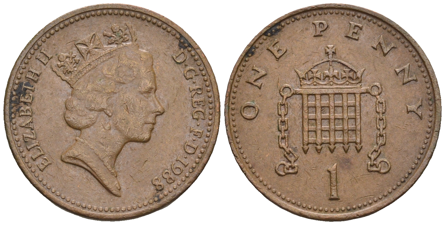 Великобритания 1 пенни 1988 Елизавета II (1952-2022) KM 935, Spink 4381 (B3) бронза 4609-524