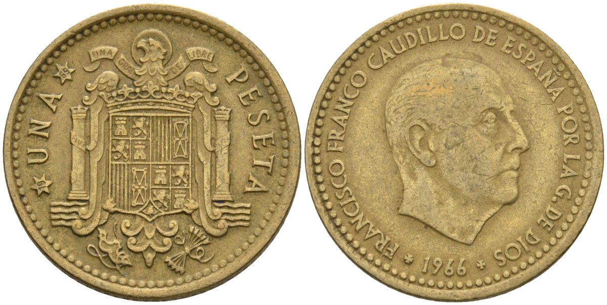 Испания 1 песета 1966 (69) Франсиско Франко (1939-1975) KM 796 алюминиевая бронза 4604-123