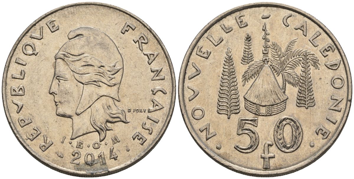 Французская Новая Каледония 50 франков 2014 хижина среди сосен и пальм, (IEOM) KM 13a, Schoen 15a, Lec 128i медно-никель 4111-1145