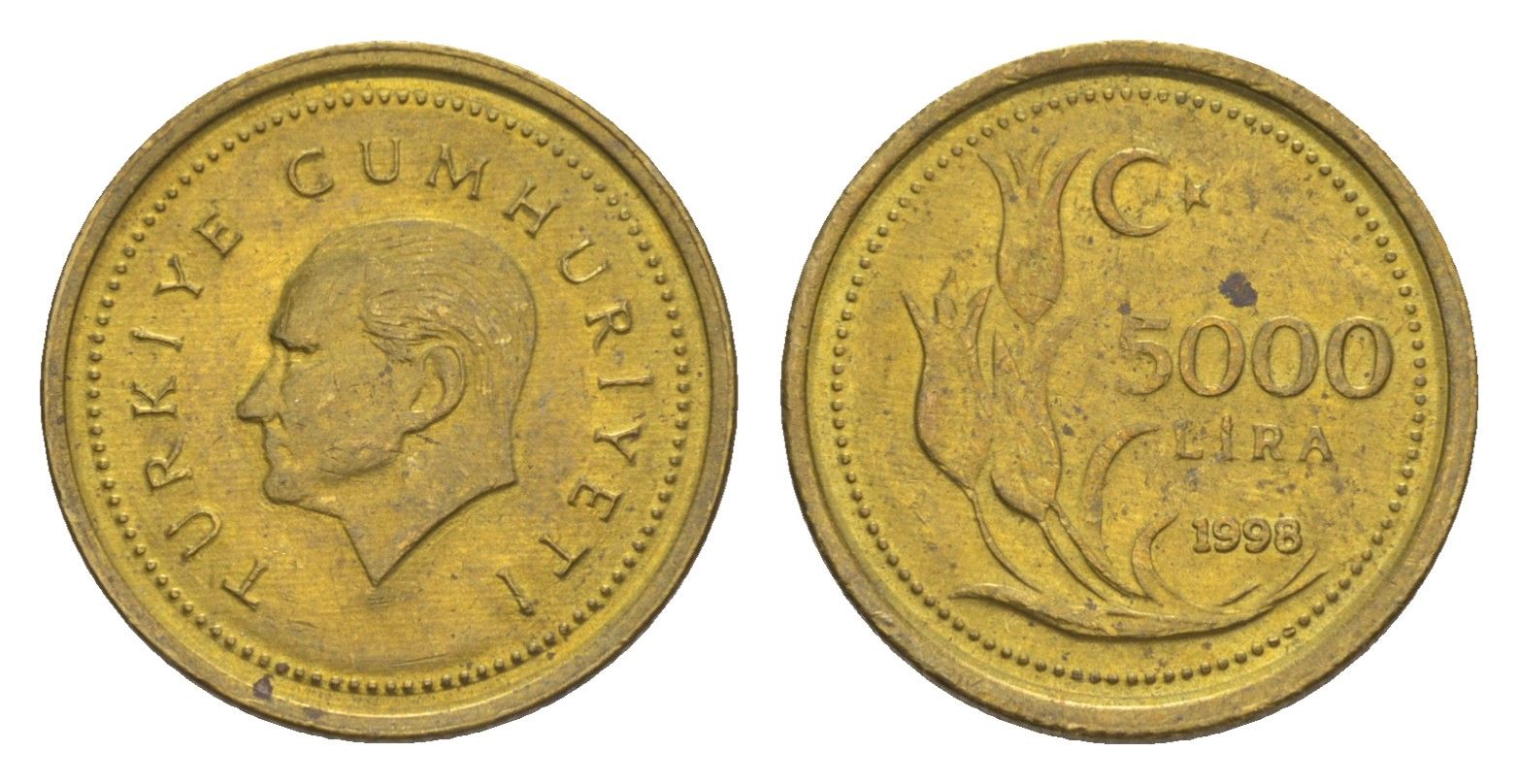 Турция 5000 лир 1998 Кемаль Ататюрк KM 1029.2 латунь 4647-647