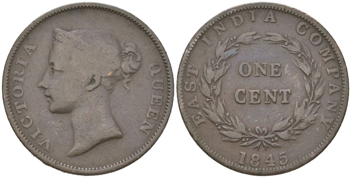 Стрейтс Сетлментс 1 цент 1845 Британская Малайя, Виктория (1837-1901) KM 3 медь 67-256