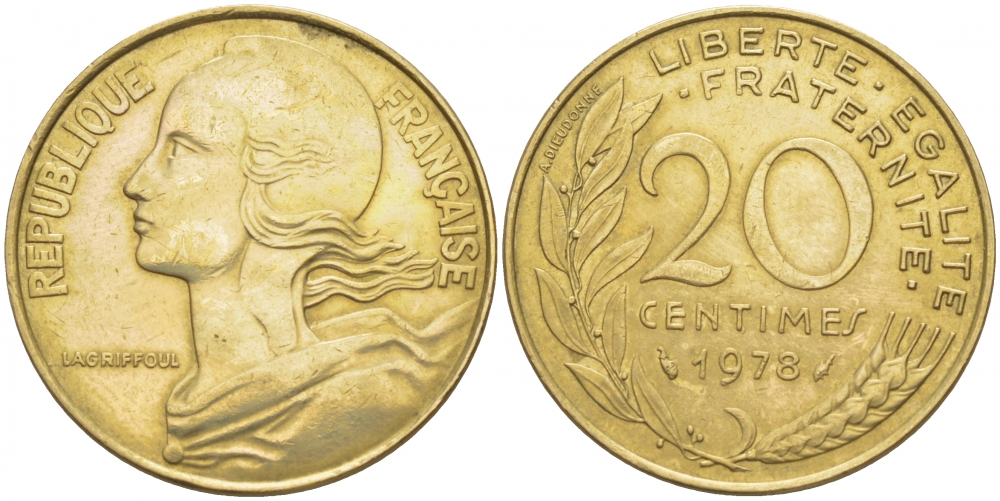 ФРАНЦИЯ 20 САНТИМОВ 1978 KM 930 медь алюминий никель 3856-1121