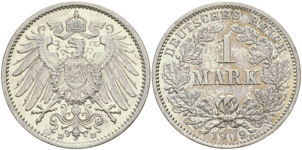 Германия 1 марка 1909 D Weege 18, J. 17, KM 14 серебро aUNC 65-227