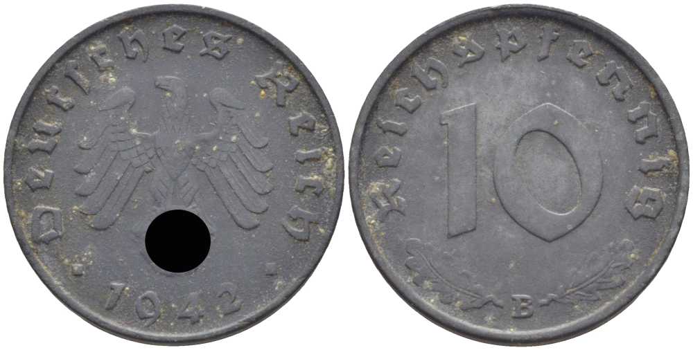 ГЕРМАНИЯ 10 РЕЙХСПФЕННИГОВ 1942 B KM 101, J. 371 цинк 4401-651