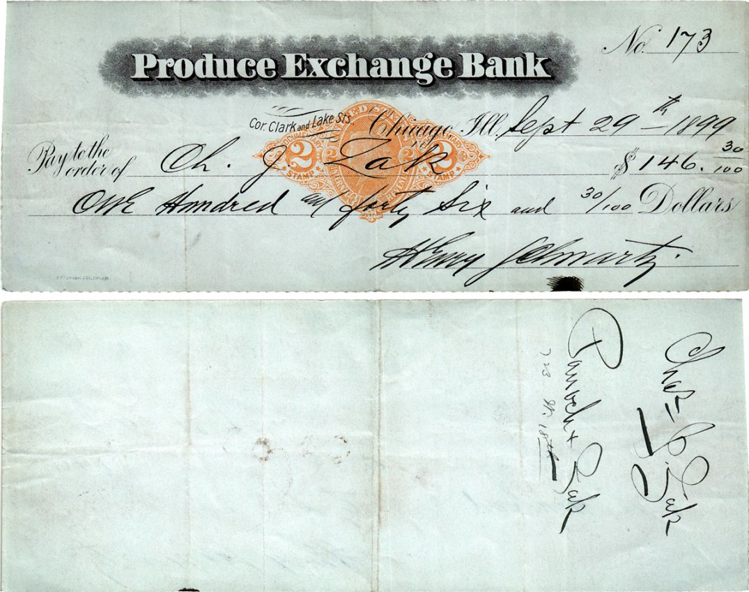 США чек на 146,30 долларов 1899 Produce Exchange Bank, Чикаго бумага 434-22-2-1