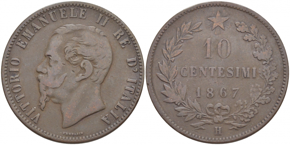 Италия 10 чентезимо 1867 H, Виктор Эммануил II (1861-1878) KM 11.3 медь 4545-232