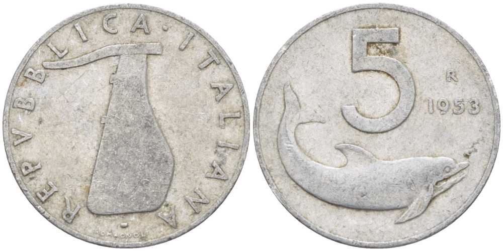 Италия 5 лир 1953 R, дельфин, плуг KM 92 алюминий 28-243