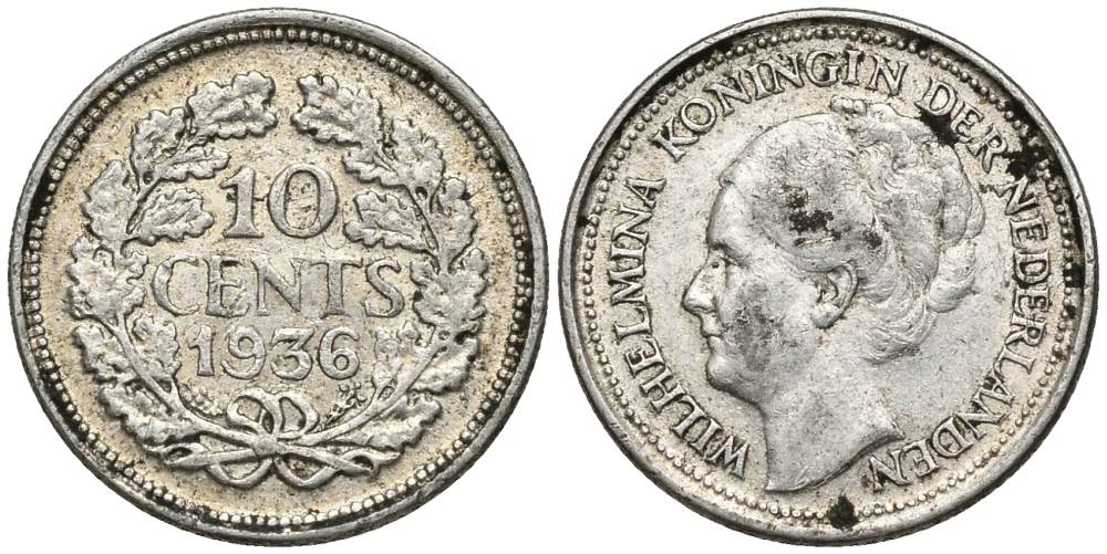 Нидерланды 10 центов 1936 Вильгельмина I (1890-1948) КМ 163 серебро 4549-1043