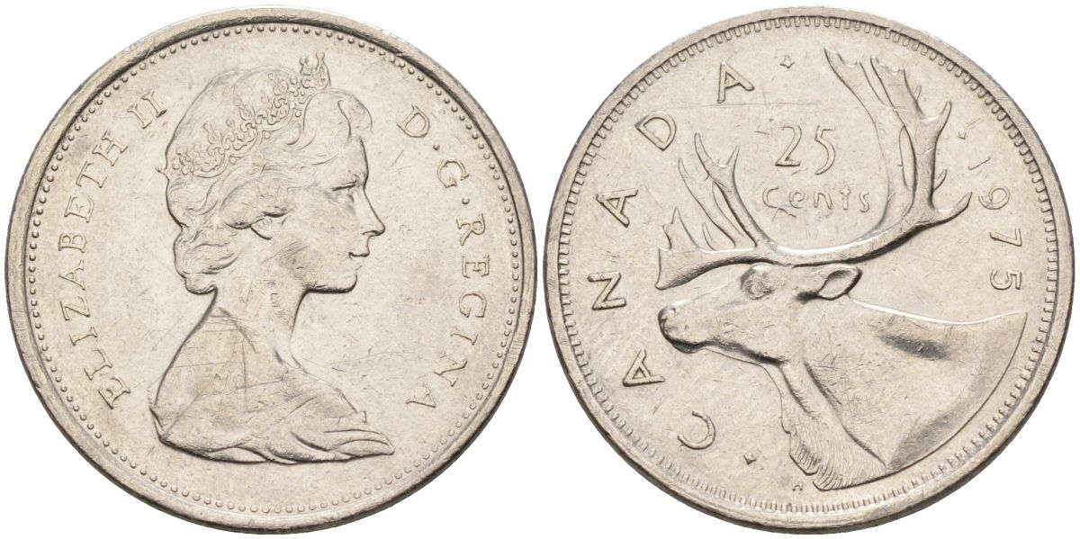 Канада 25 центов 1975 Елизавета II (1952-), олень KM 62b никель 4592-951