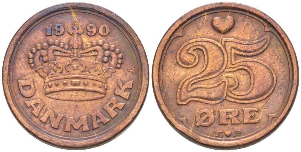 ДАНИЯ 25 ЭРЕ 1990 LG; JP; A, МАРГАРЕТ II (1972-) KM 868.1 бронза 214-541