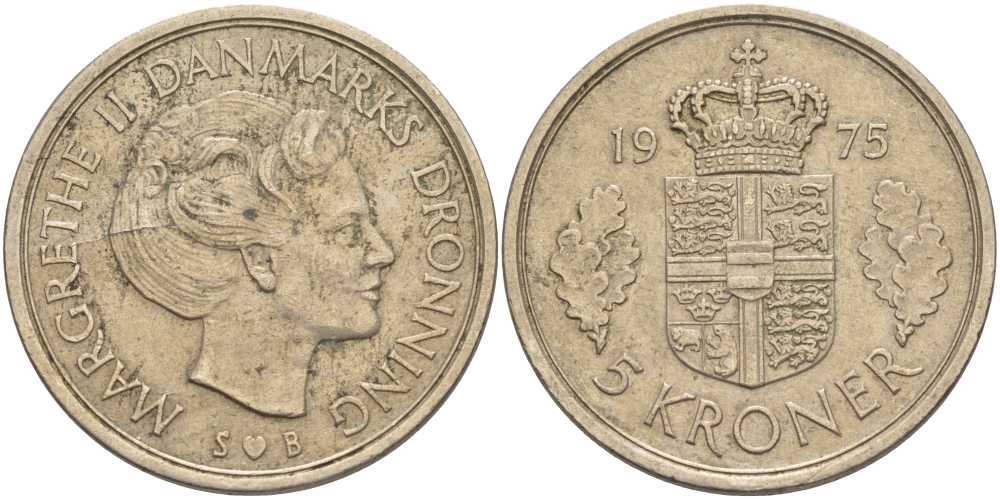 ДАНИЯ 5 КРОН 1975 S; B, МАРГРЕТЕ II (1972-) KM 863.1 медно-никель 38-514