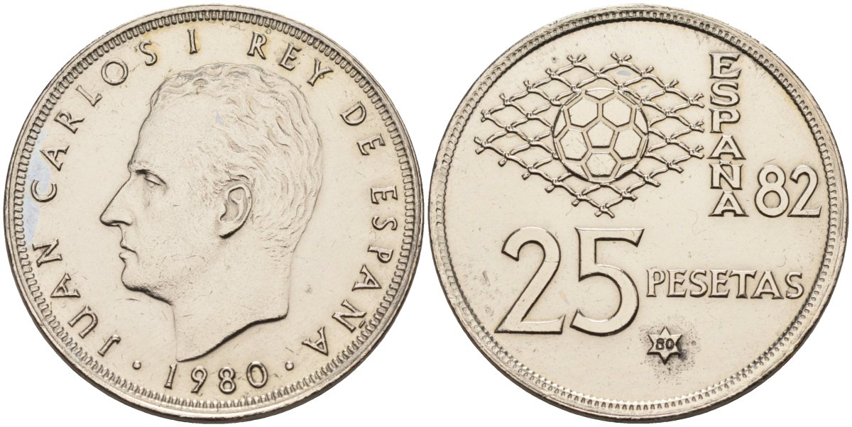 Испания 25 песет 1980(80) чемпионат мира по футболу в Испании 1982, Хуан Карлос I KM 818 медно-никель 4583-1046