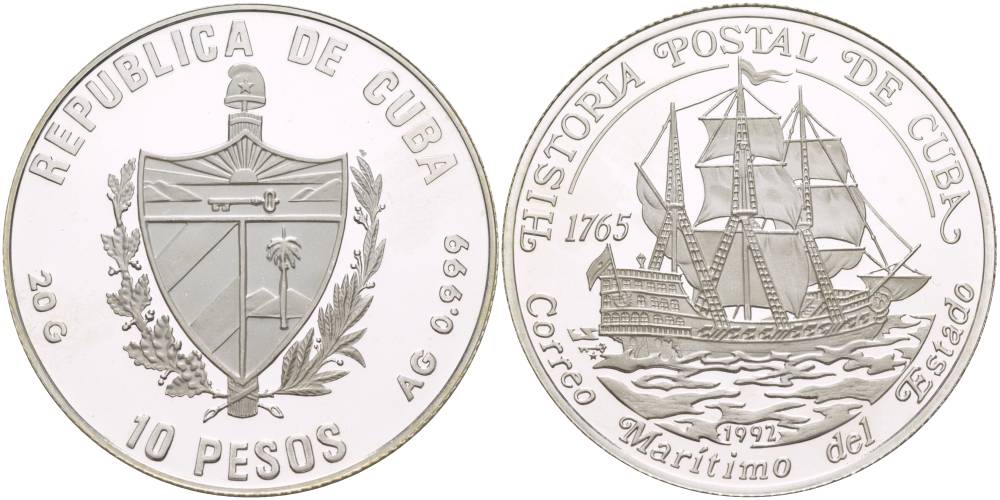 Куба 10 песо 1992 история почты Кубы, испанский галеон, парусник Correo Maritimo del Estado KM 341 серебро PROOF 00-00