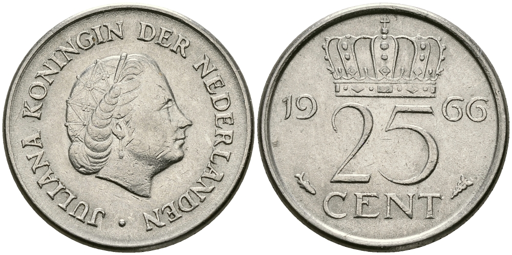 Нидерланды 25 центов 1966 Юлиана (1949-1980) KM 183 никель 96-164