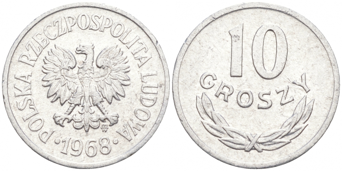 ПОЛЬША 10 ГРОШЕЙ 1968 MW KM АА47 алюминий 99-811