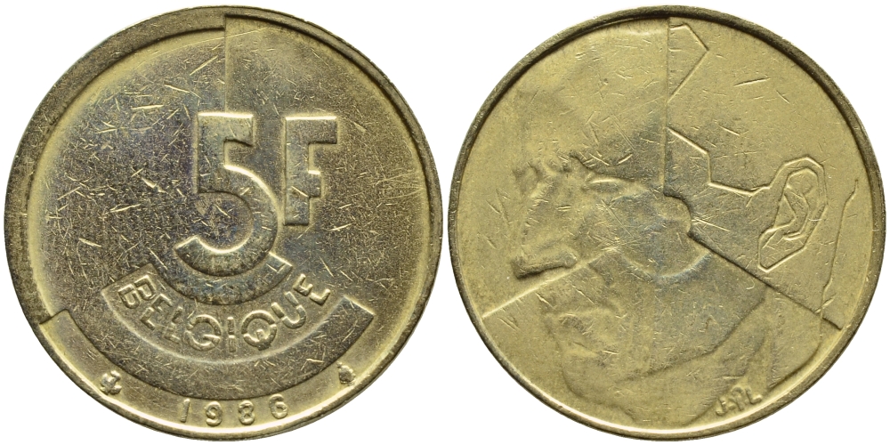 БЕЛЬГИЯ 5 ФРАНКОВ 1986 BELGIQUE KM 163 латунь или алюминевая бронза 4384-1026