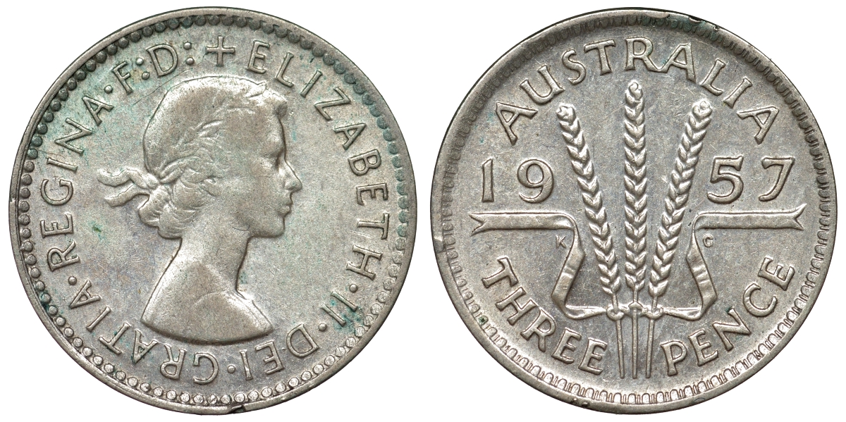 Австралия 3 пенса 1957 m, Елизавета II (1952-2022) KM 57 серебро 71-539