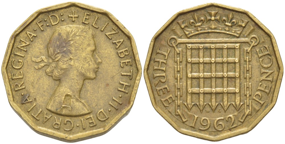 Великобритания 3 пенса 1962 Елизавета II (1952-2022) KM 900, Spink 4153 никель латунь 216-1112