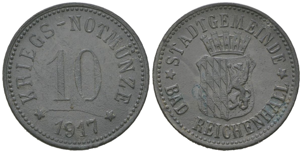Бад-Райхенхалль (Бавария) 10 пфеннингов 1917 Funck 445.2, Men05 21410.2, Men22.2 26733.2 цинк 4164-227
