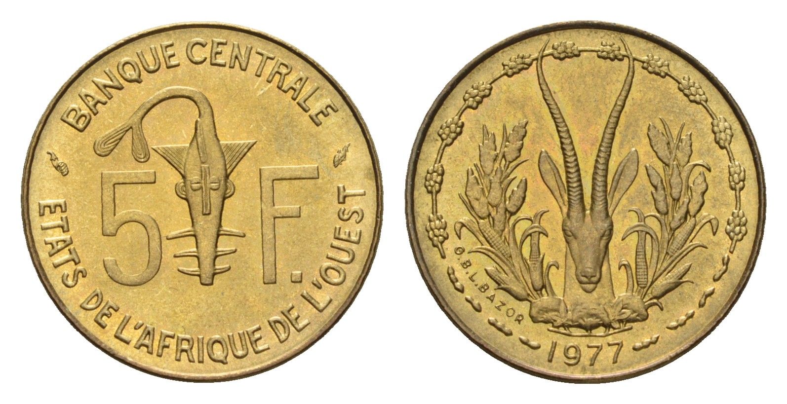 Западная Африка (BCEAO) 5 франков 1977 KM 2a медь алюминий никель UNC 4669-455