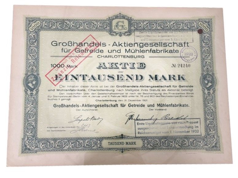 Германия облигация на 1000 марок 1921 компании Großhandels-Aktiengesellschaft für Getreide und Mühlenfabrikate / Оптовое акционерное общество зерновых и мукомольных продуктов из Шарлоттенбурга бумага 5555-14