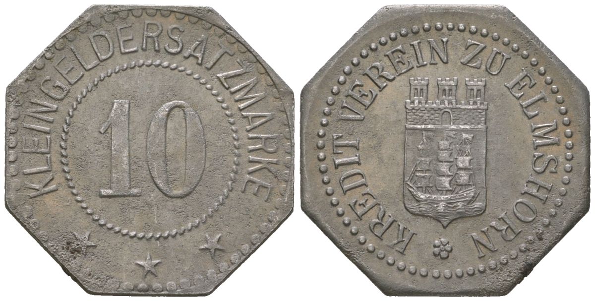 Эльмсхорн (Пруссия, Шлезвиг-Гольштейн) 10 пфеннингов ND Funck 115.5, Men22.2 8121.6 железо 4169-1067