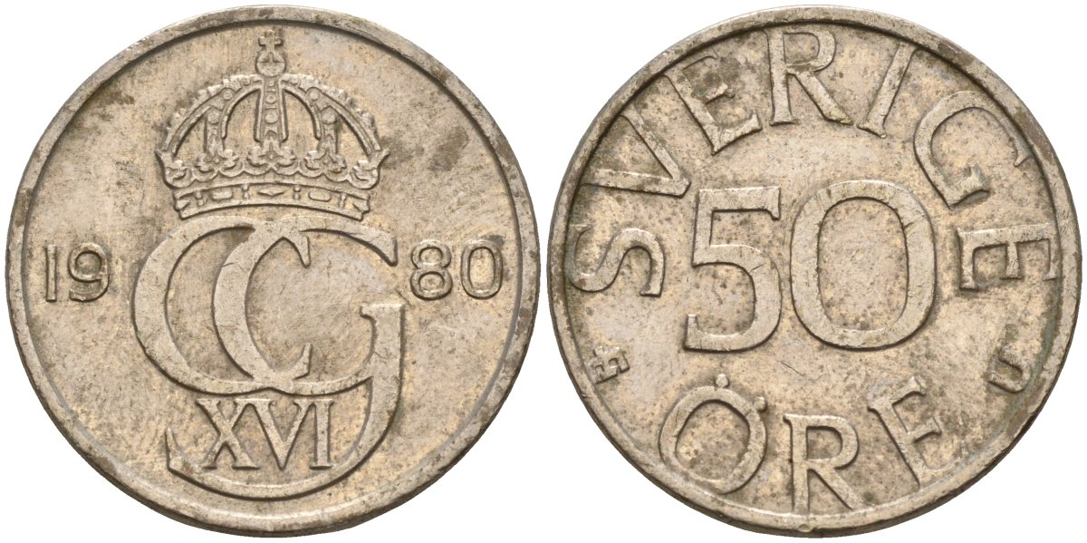 Швеция 50 эре 1980 U, Карл XVI Густав (1973- ) KM 855 медно-никель 4143-1213