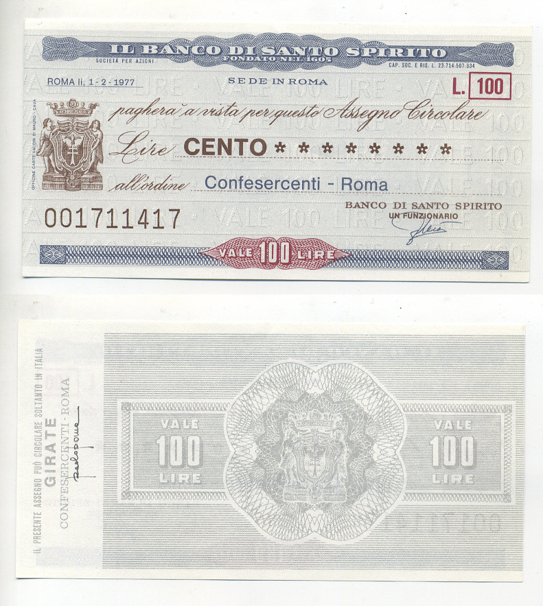 Италия чек на 100 лир 1977 1 февраля 1977, IL Banco Di santo spirito бумага UNC (пресс) 6294-68-4