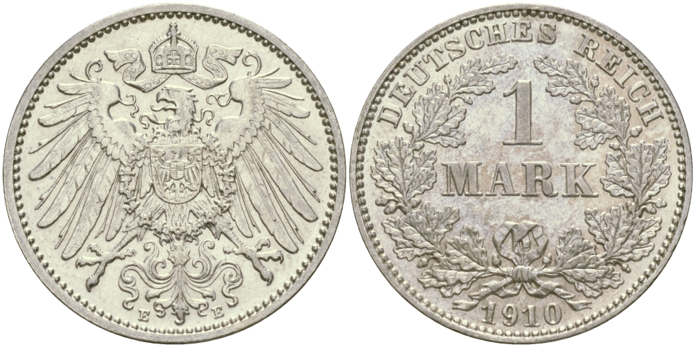 Германия 1 марка 1910 E Weege 18, J. 17, KM 14 серебро aUNC 65-233