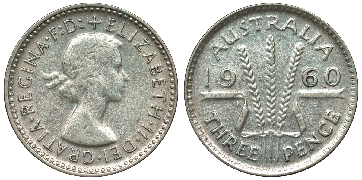 Австралия 3 пенса 1960 m, Елизавета II (1952-2022) KM 57 серебро 71-631