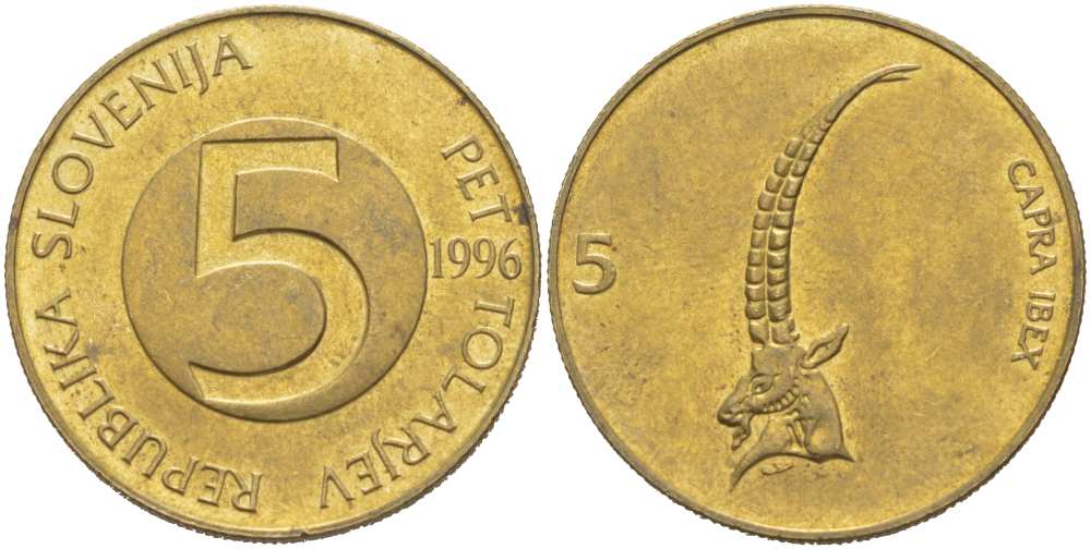 СЛОВЕНИЯ 5 ТОЛАРОВ 1996 ИБЕКС, АЛЬПИЙСКИЙ ГОРНЫЙ КОЗЁЛ KM 6 никель латунь 217-631