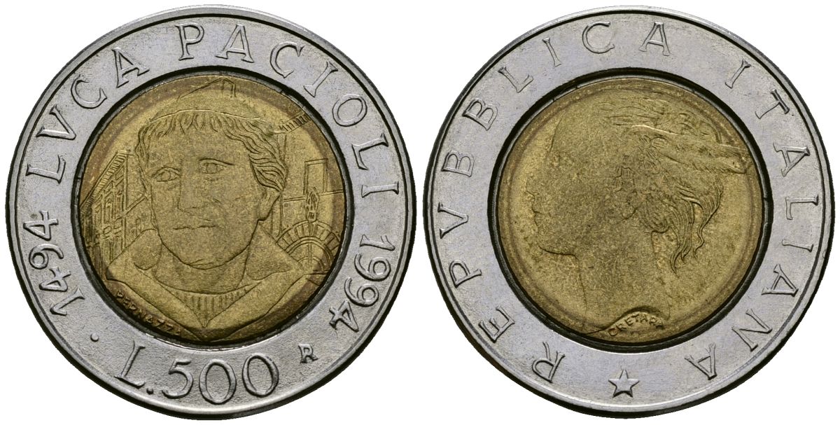 Италия 500 лир 1994 500 лет со дня рождения Луки Пачоли KM 167 биметалл 4165-1045