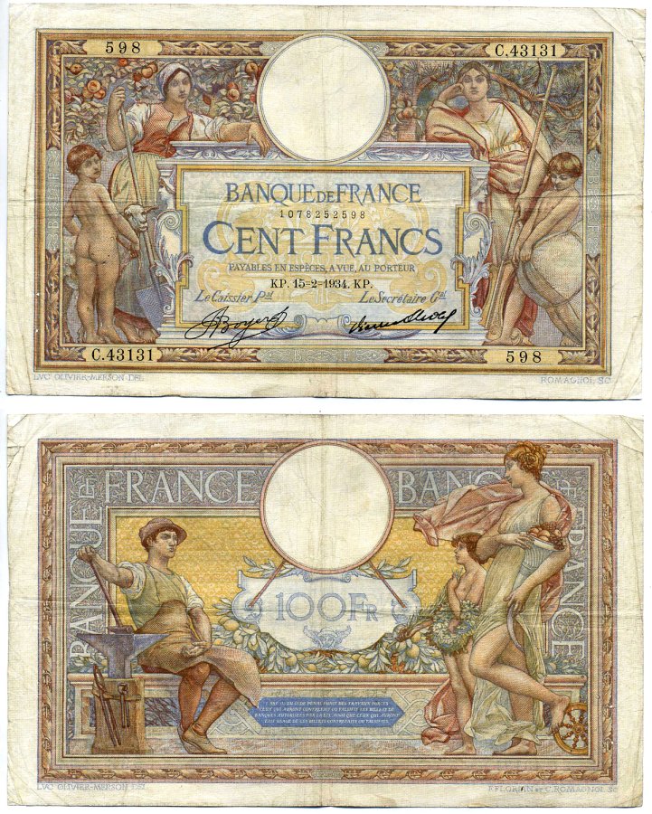 Франция 100 франков 1934 15 февраля 1934, signatures: Boyer & Strohl Pick 78с бумага 7215-19-1-2