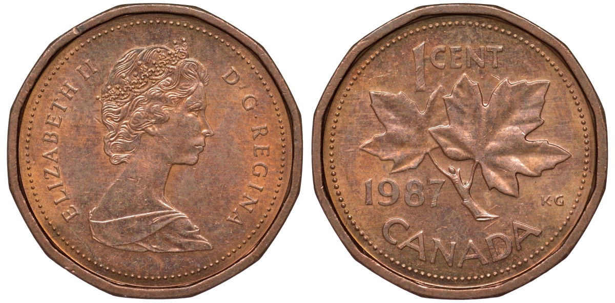 Канада 1 цент 1987 Елизавета II (1952-2022), кленовый лист KM 132 бронза 4596-417