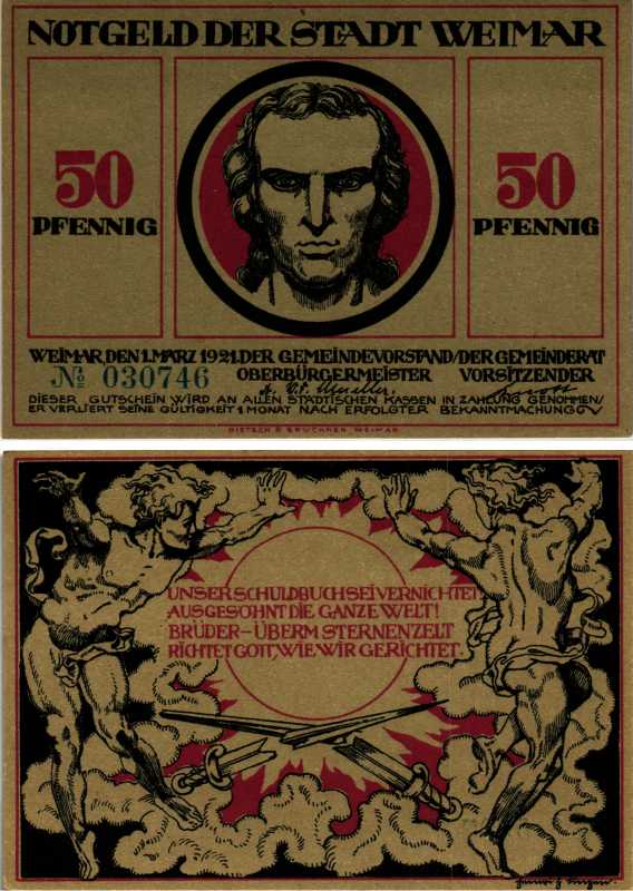 ВЕЙМАР, ГЕРМАНИЯ 50 ПФЕННИГОВ 1921 НОТГЕЛЬД, ЗЕМЛЯ ТЮРИНГИЯ, 1 МАРТА 1921, КРАСНАЯ ARNOLD KELLER 1398.4 бумага UNC (ПРЕСС) 7551-38-3-2