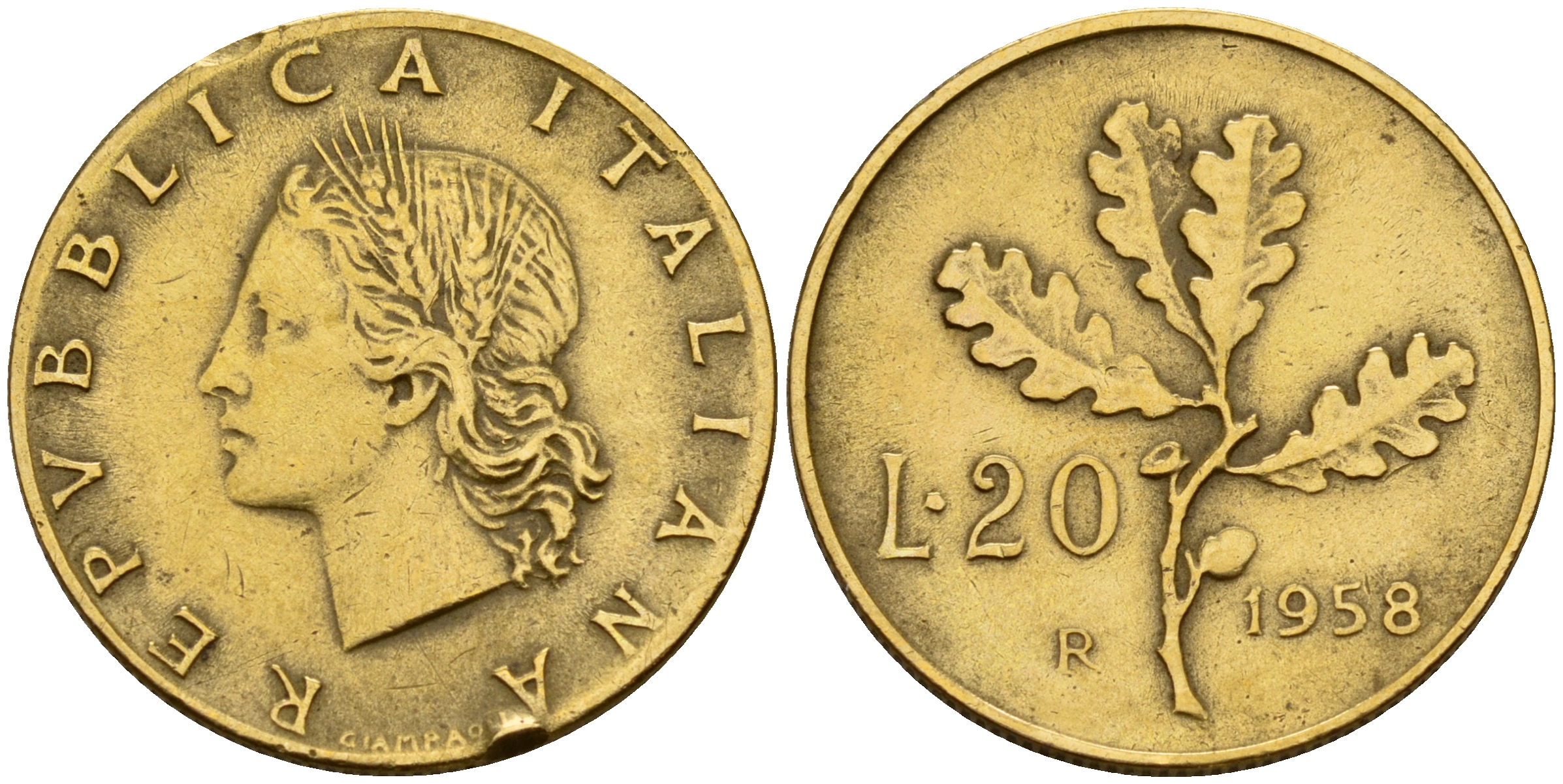 Италия 20 лир 1958 R, дубовый лист KM 97.1 алюминиевая бронза 4595-351