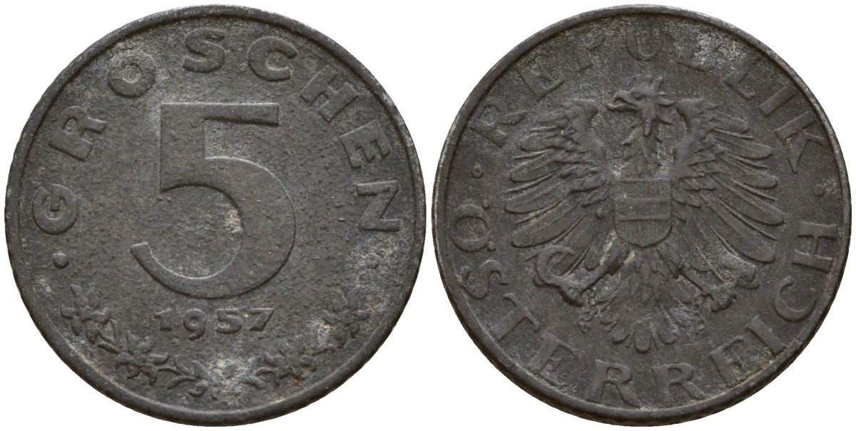 Австрия 5 грошей 1957 KM 2875 цинк 4152-512
