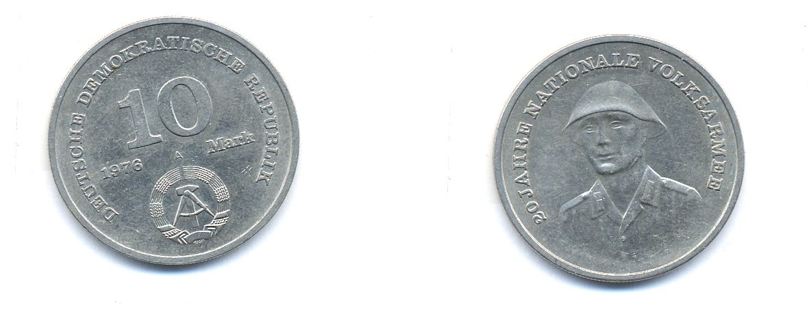 ГДР 10 марок 1976 А, 20 лет национальной народной армии KM 61, J. 1560 медно-никель 54-2522