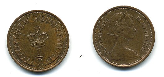 Великобритания 1/2 пенни 1971 Елизавета II (1952-2022) КМ 914, Spink 4239 бронза 4110-1648
