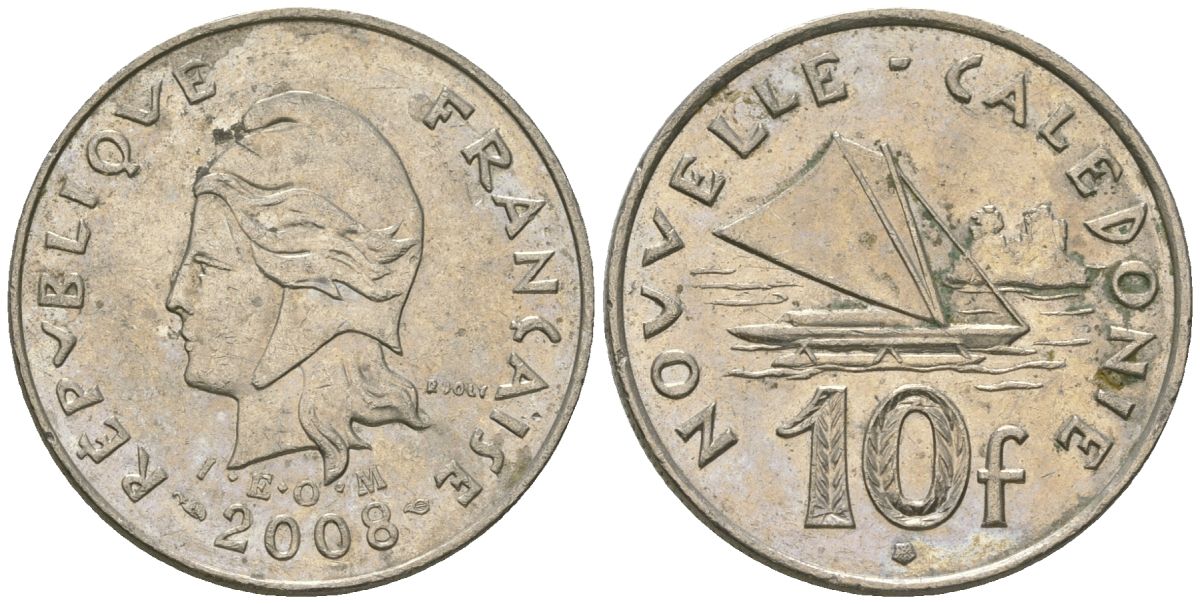 Французская Новая Каледония 10 франков 2008 рыбачья парусная лодка, (IEOM) KM 11a, Schoen 13a, Lec 99k медно-никель 60-756