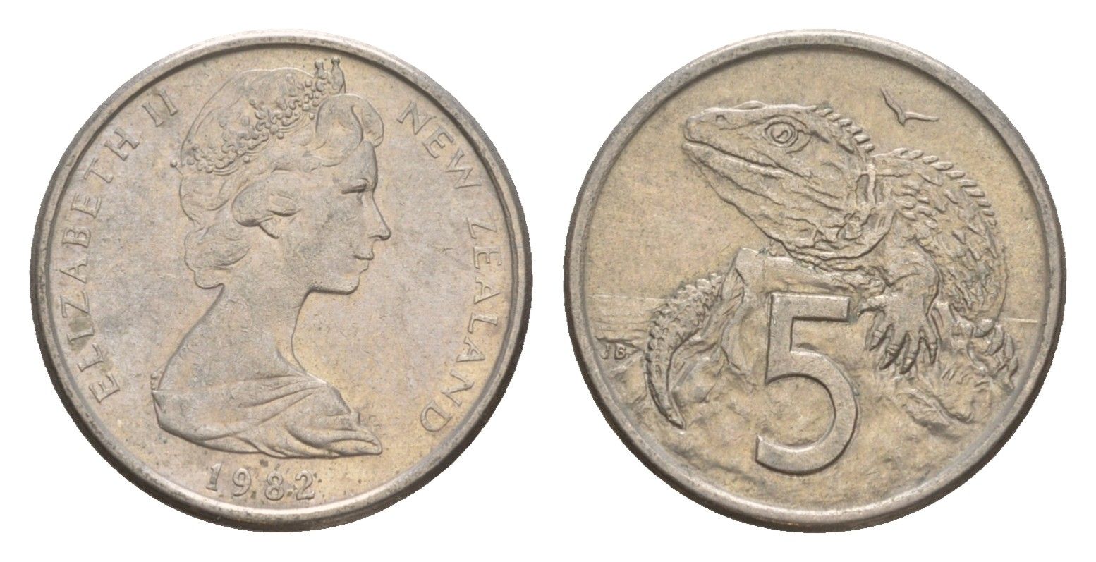 Новая Зеландия 5 центов 1982 Елизавета II (1952-2022), ящерица гаттерия KM 34.1 медно-никель 4178-346